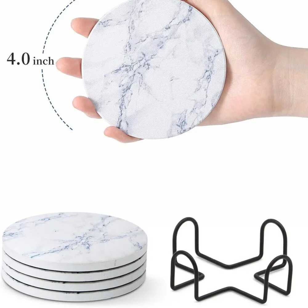 Absorbent Coaster Sets of 4, Drink Coasters with Holder, White Marble Style Cera
